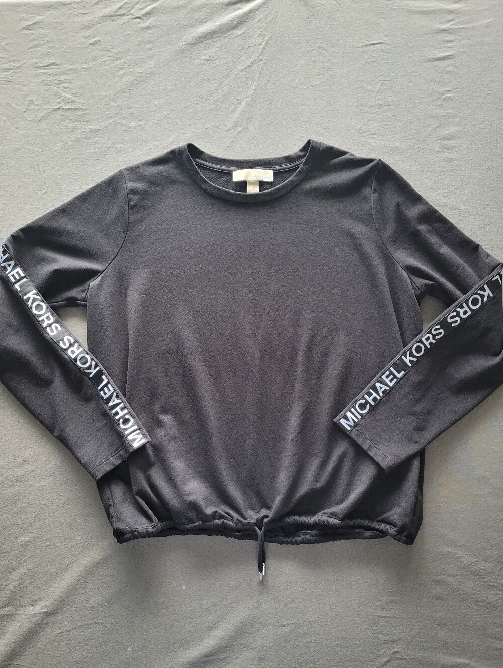 Michael Kors Logo Tape Sleeve Sweatshirt Top Women's L Black Drawstring Hem